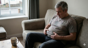 Man struggling with stubborn abdominal fat and weight loss motivation