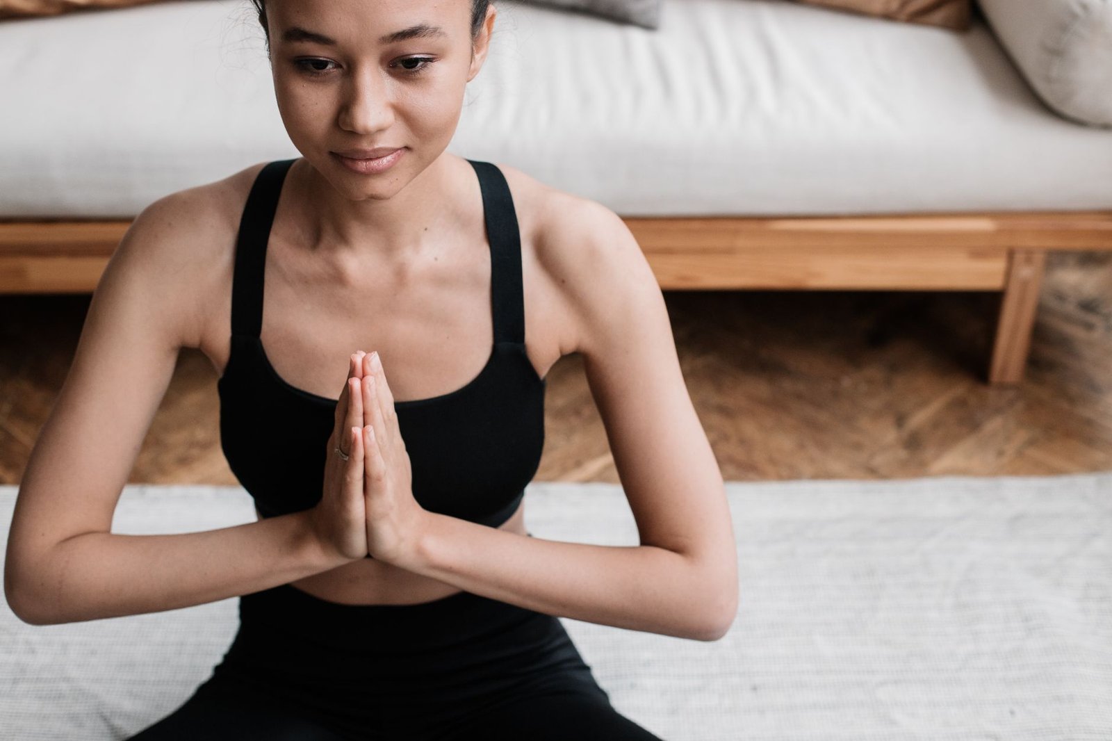 Calm person breathing deeply outdoors, relaxed and at ease